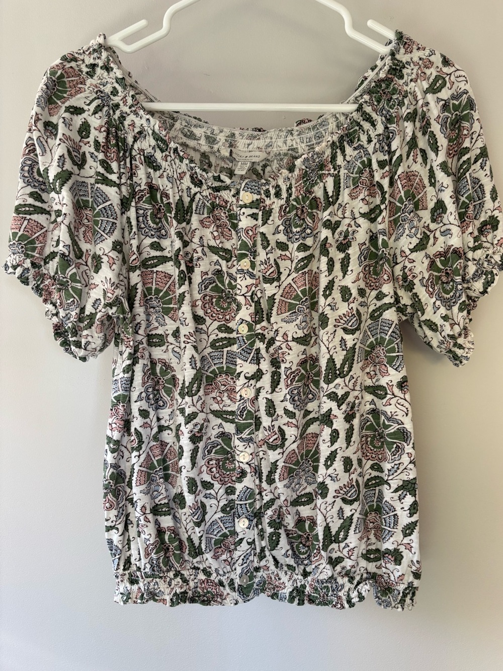 Lucky Brand Floral Off-Shoulder Peasant Top - White with Green & Pink